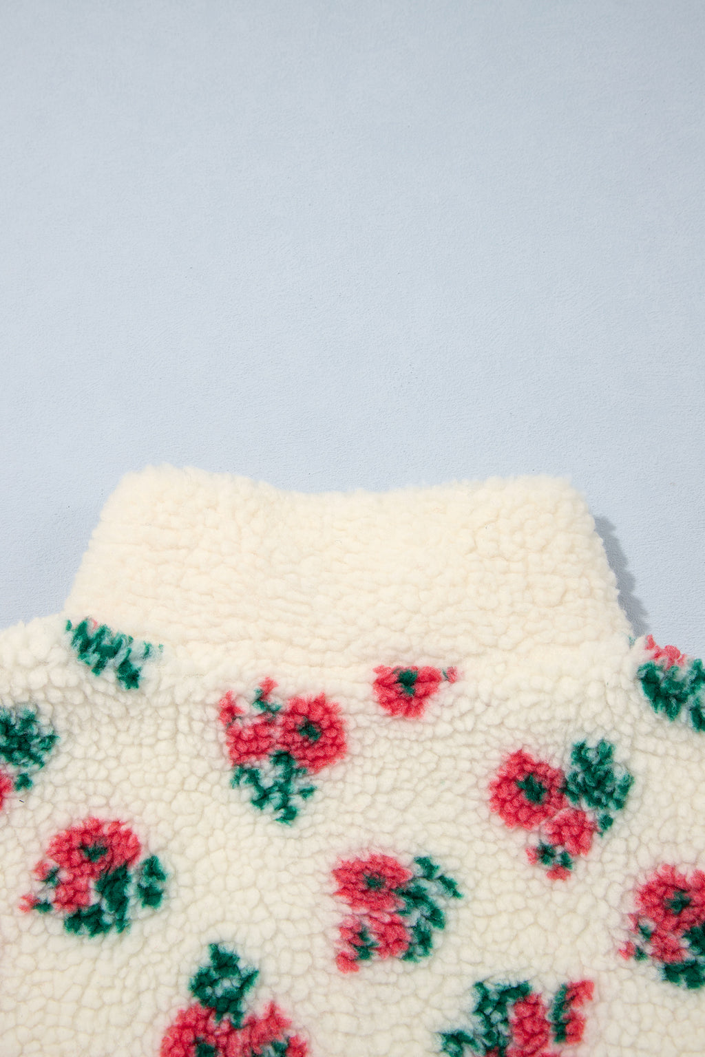 White Floral Print Fleece Contrast Trim Button Collar Sweatshirt