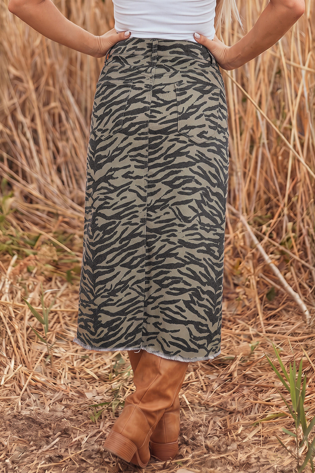 Brown Leopard Print Side Split Frayed Hem Denim Midi Skirt