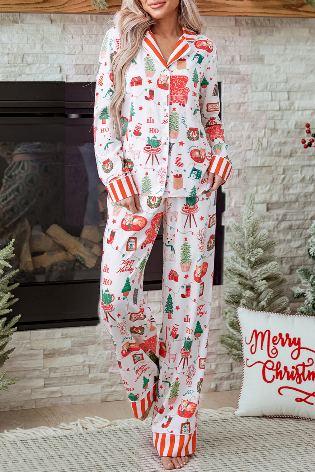 White Striped Holiday Long Sleeve Two Piece Shift Home Wear Lounge Set