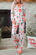 White Striped Holiday Long Sleeve Two Piece Shift Home Wear Lounge Set