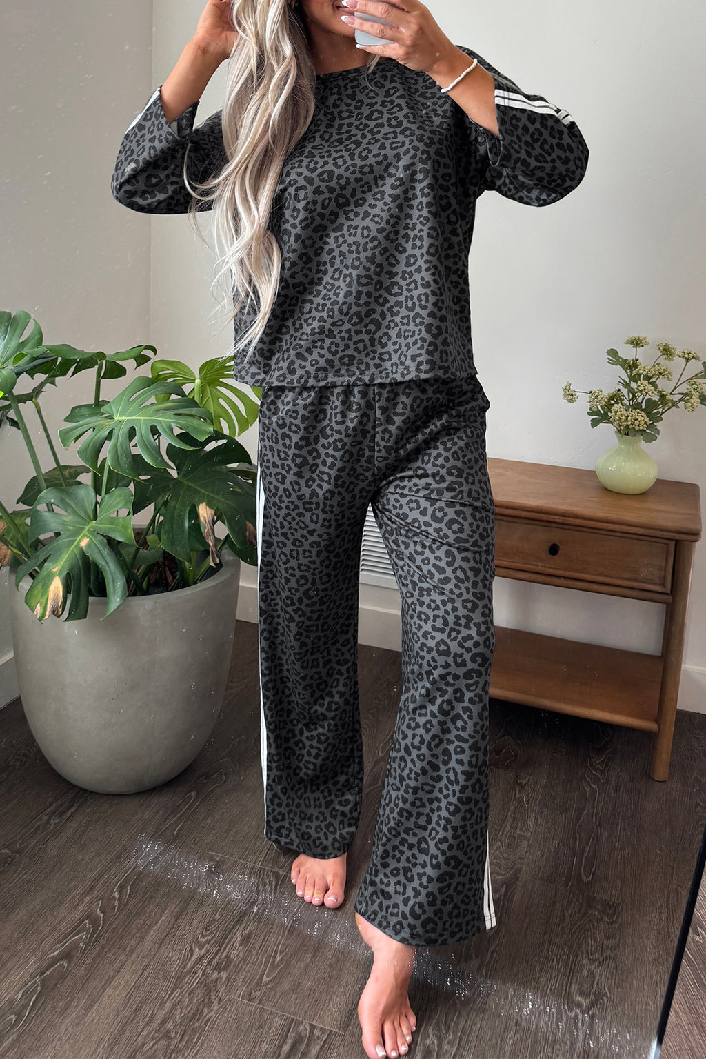 Apricot Leopard Print Varsity Striped Detail 3/4 Sleeve Top Shift Pant Set