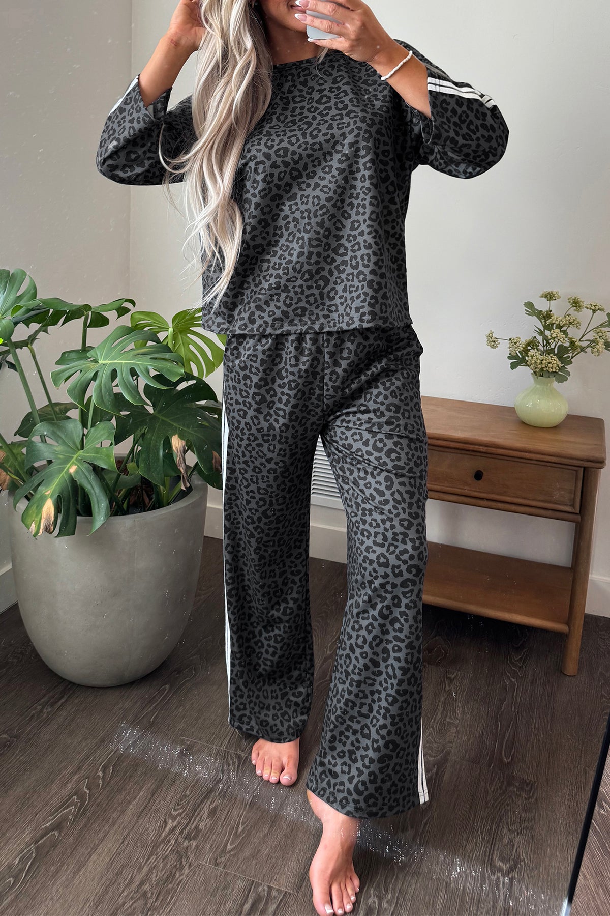 Apricot Leopard Print Varsity Striped Detail 3/4 Sleeve Top Shift Pant Set