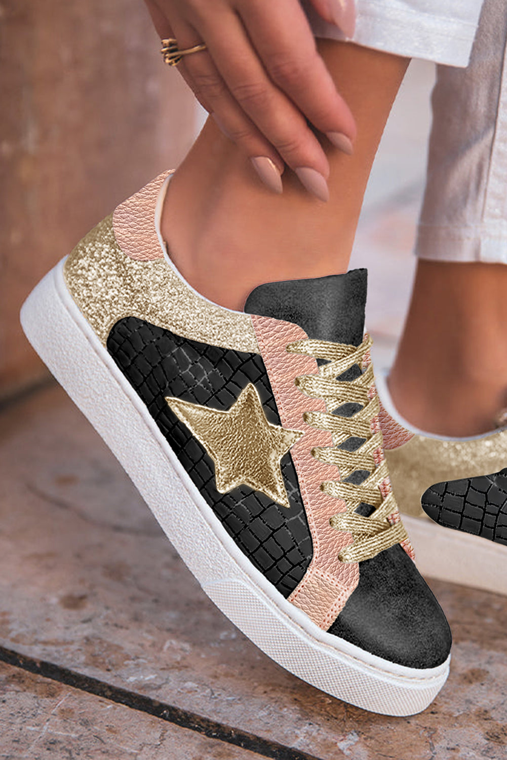 Tillandsia Purple Dearlove Glitter Star Patchwork PU Leather Lace-up Sneakers