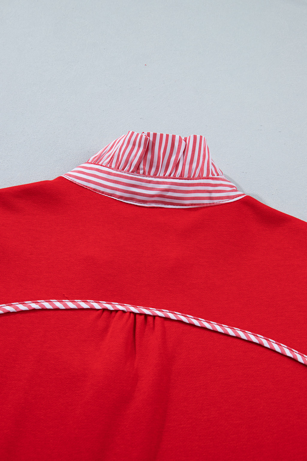 Fiery Red Striped Frilled Collar Short Sleeve Blouse