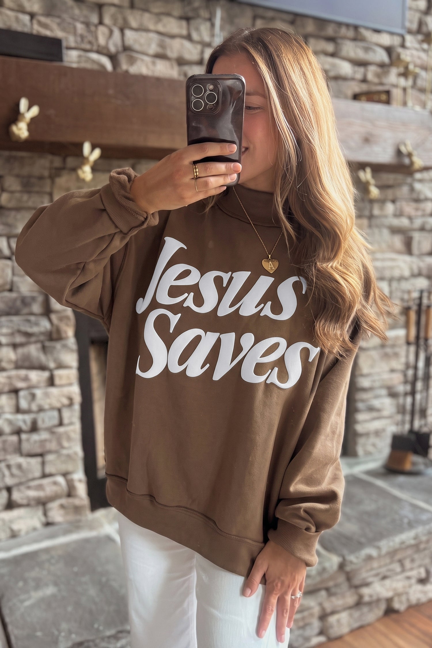 Fiery Red Jesus Saves Slogan Print Stand Neck Baggy Sweatshirt