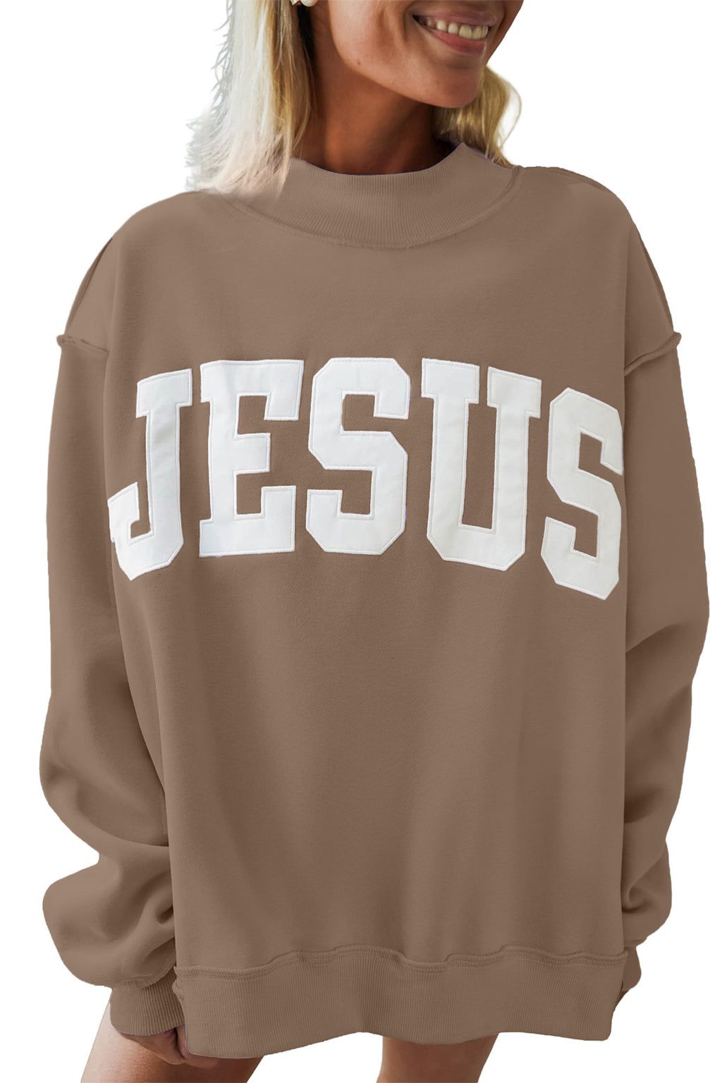 Meadow Mist Green JESUS Letter Patch Graphic Exposed Seam Mock Neck Baggy Sweatshirt