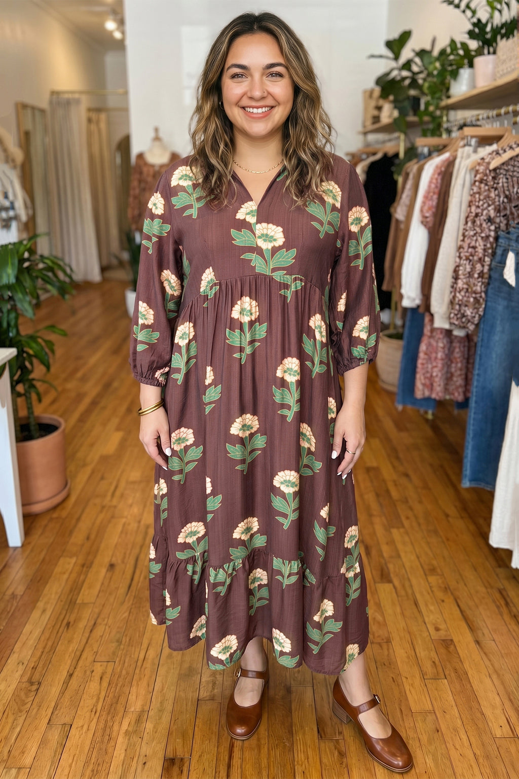 Brown Floral Print V-Neck Long Sleeve Loose Shift Plus Size Dress