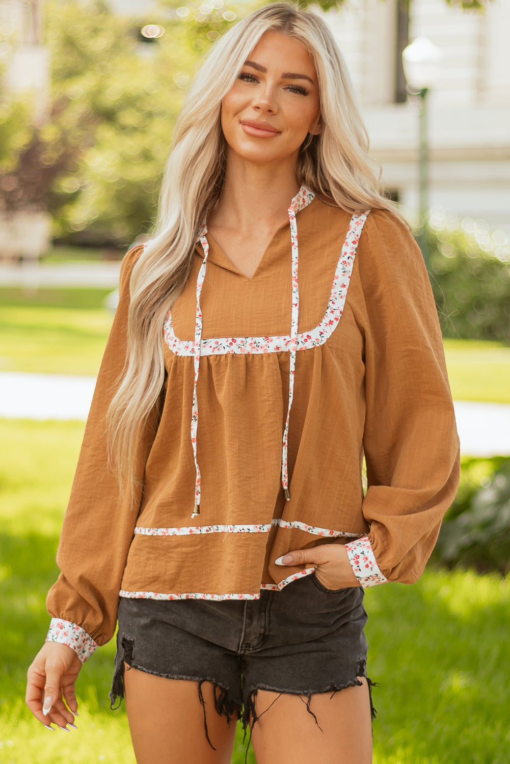 Straw Yellow Split Neck Pleated Floral Trim Long Puff Sleeve Blouse