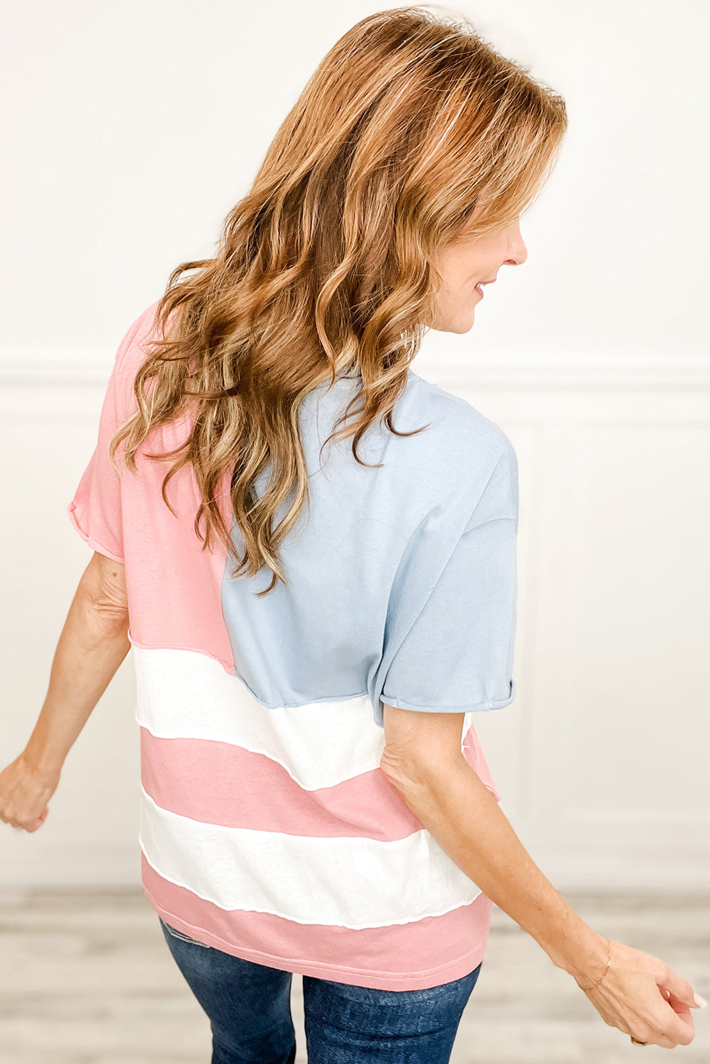 Pink Stars and Stripes Printed Crewneck Independence Day T Shirt