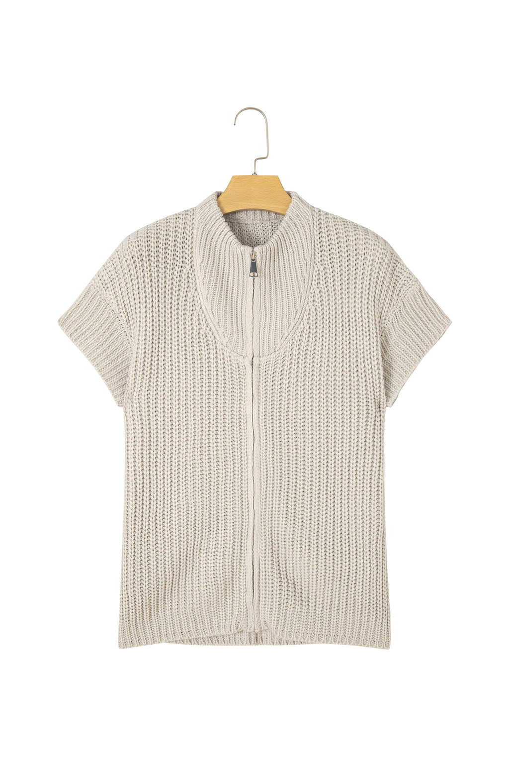 Jet Stream Solid Color Short Sleeve Zipper Knit High Neck Sweater