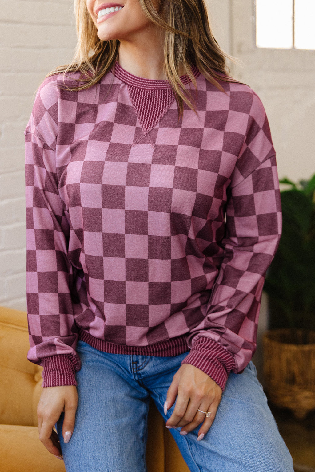 Red Ribbed Trim Checkered Print Long Sleeve Pullover Top