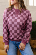 Red Ribbed Trim Checkered Print Long Sleeve Pullover Top