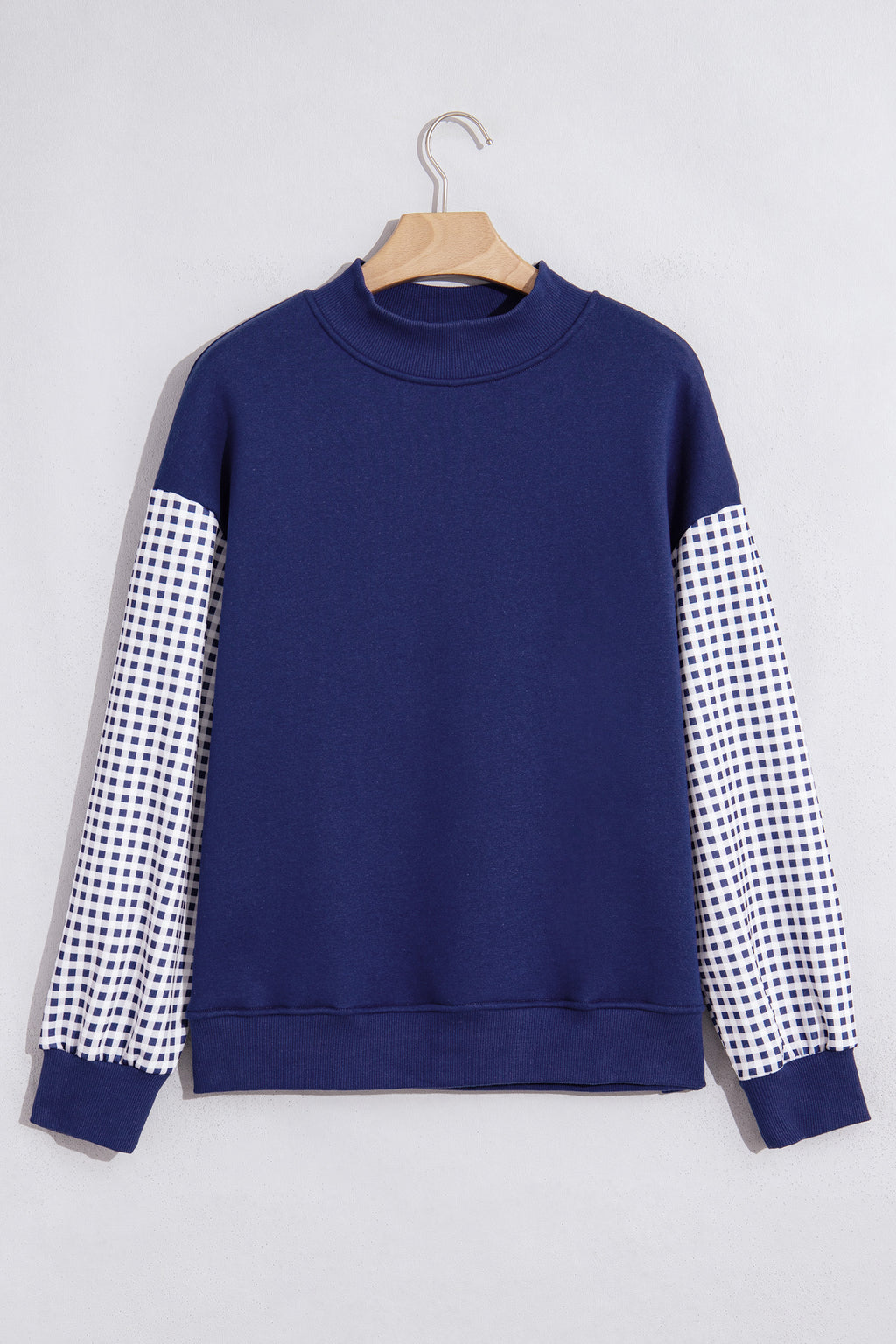 Dirty blue Plaid Sleeve Colorblock Loose Tunic Sweatshirt