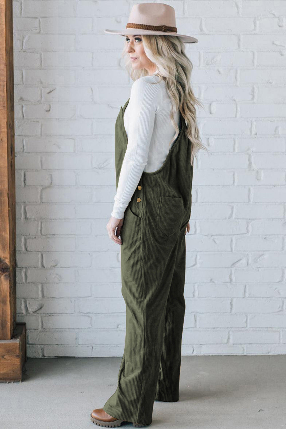 Jungle Green Button Adjustable Straps Solid Color Corduroy Jumpsuit