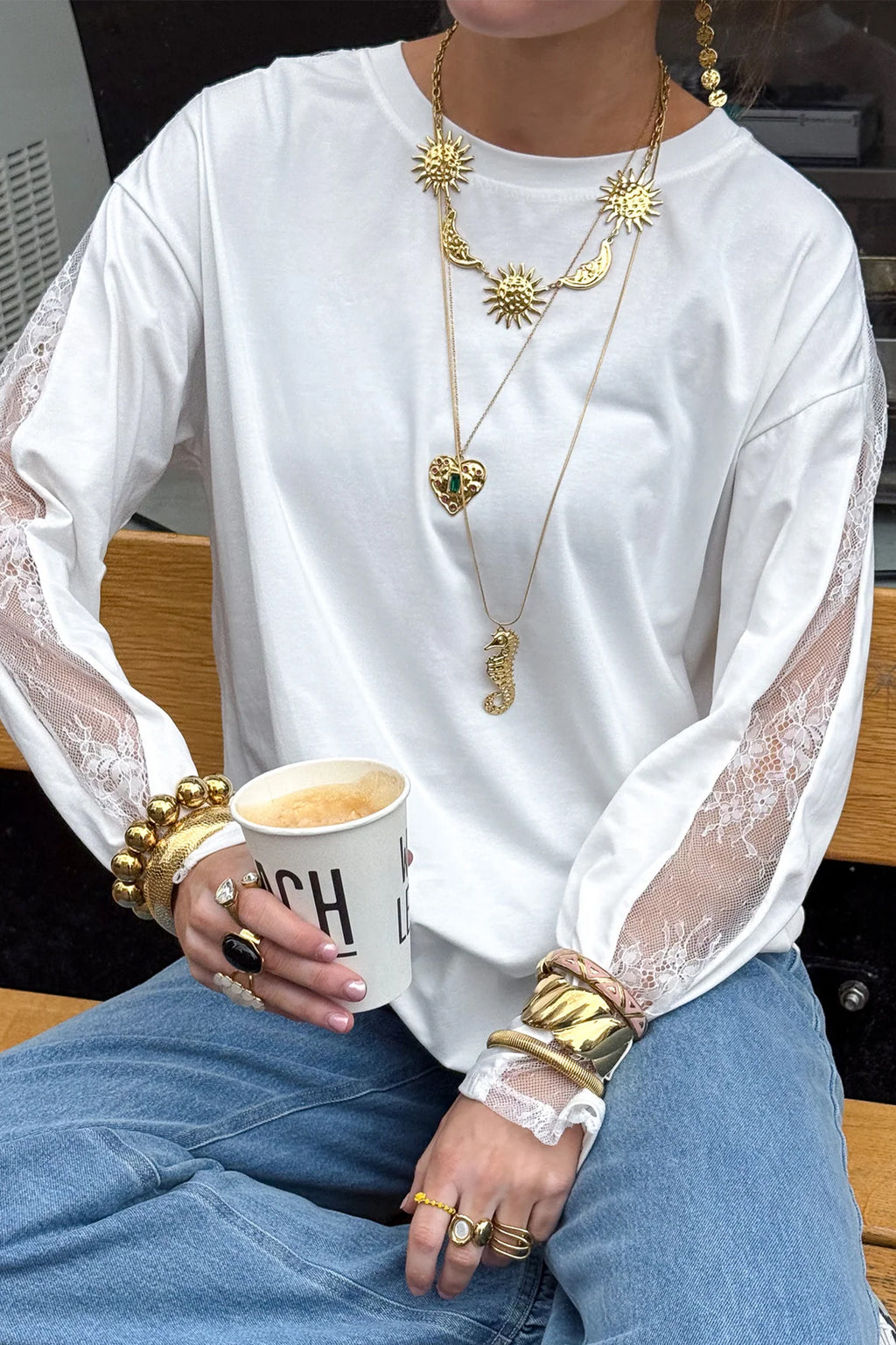 White Sheer Lace Splicing Long Sleeve Shift Top