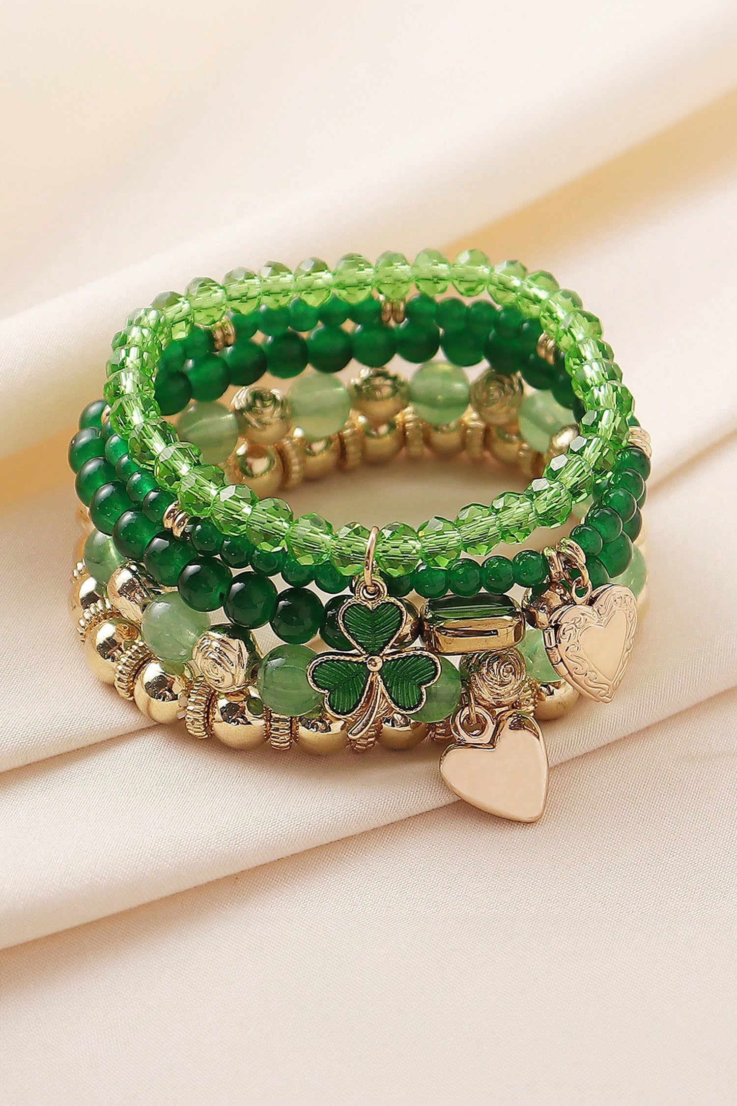 Green 5pcs St Patrick Lucky Beading Heart Charm Bracelets Set