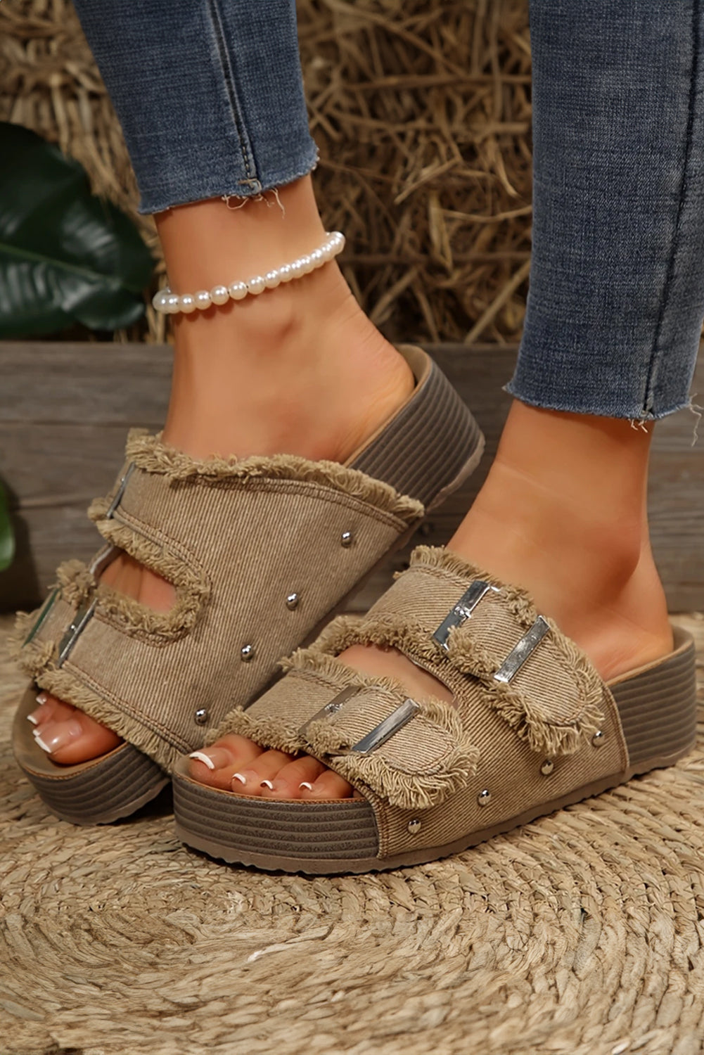Black Double Buckle Straps Hollow Out Frayed Detial Retro Slippers
