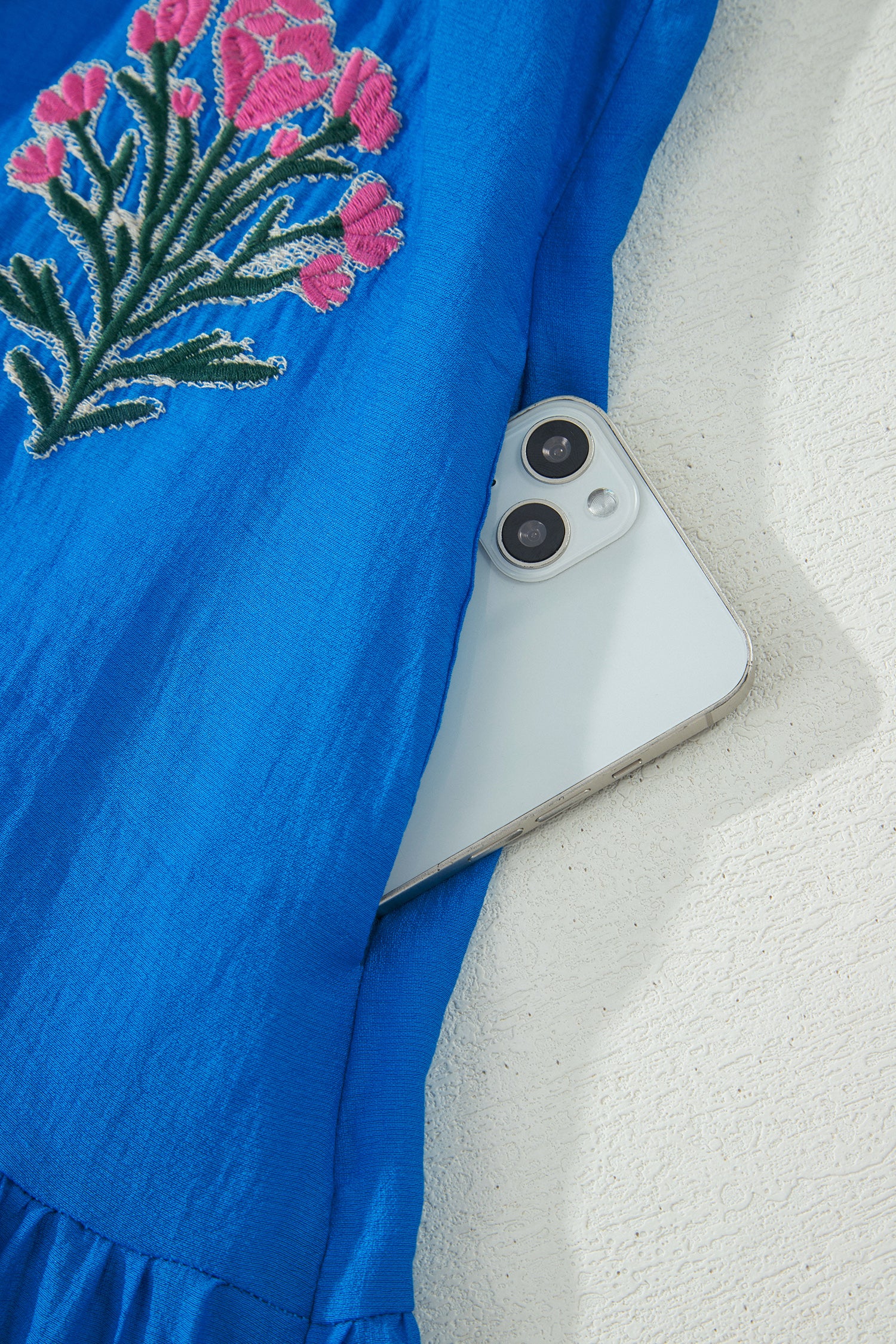 Blue Flower Embroidered Split Neck Short Puff Sleeve Ruffle Hem Dress
