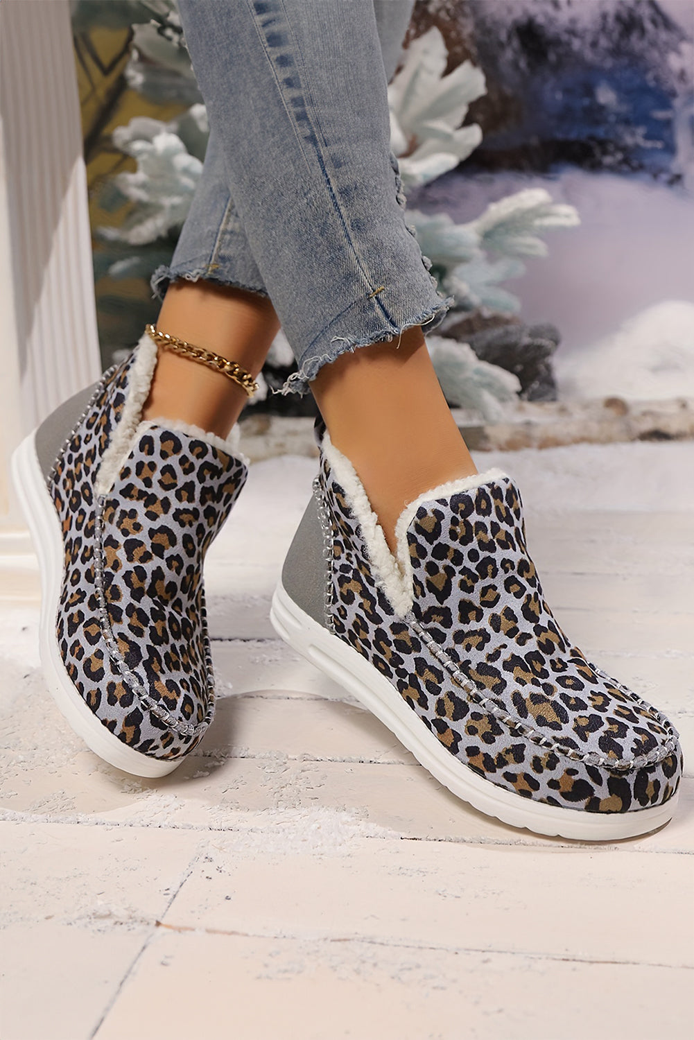 Brown Leopard Print Ankle Patched Flat Winter Fur Boots