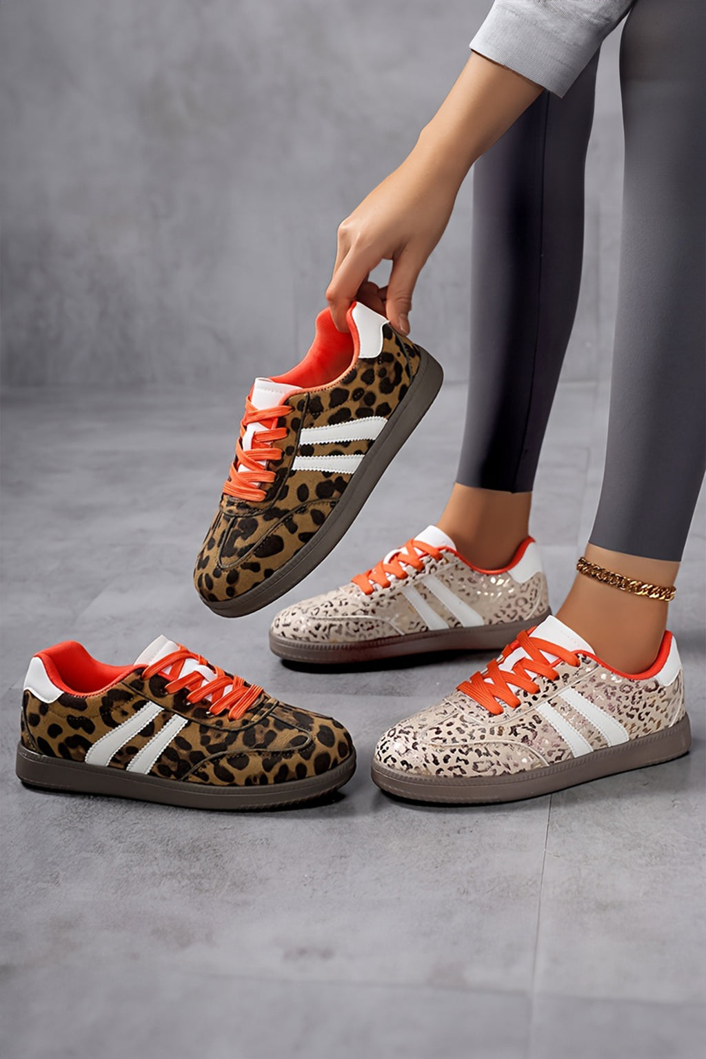 Coffee Leopard Faux Suede Color Block Detail Lace Up Sneakers