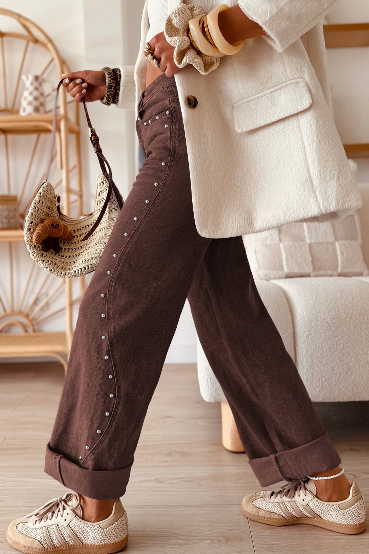 Coffee Side Seam Rivet Detail Ankle Length Casual Jeans