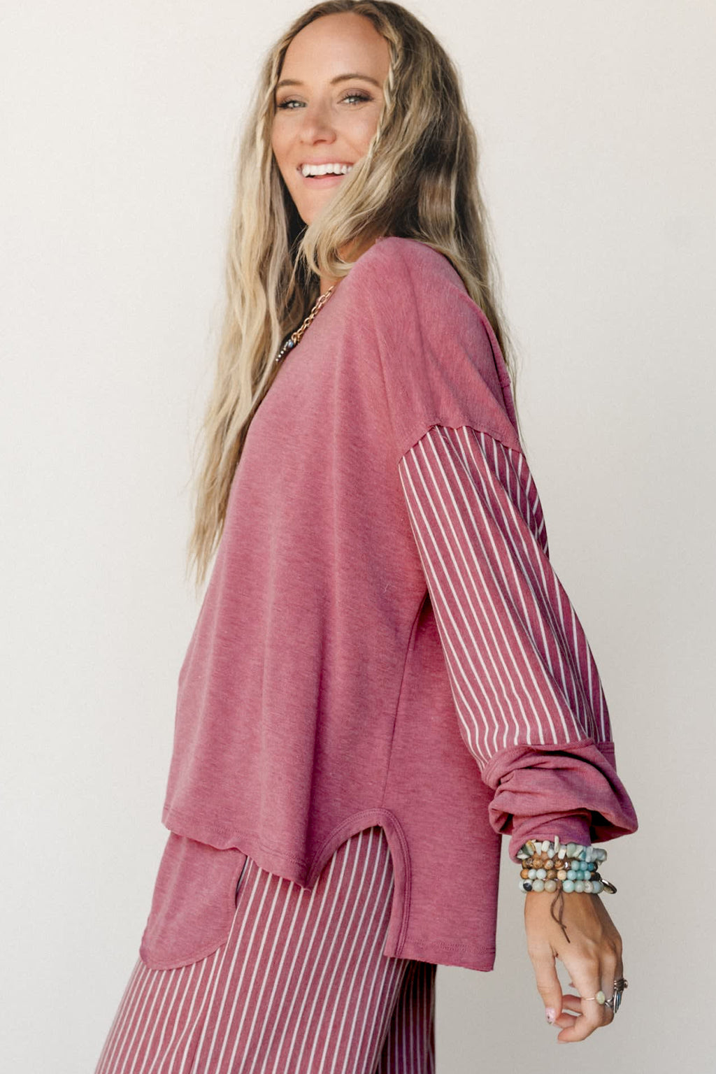 Fushia Raw Seam Patchwork Long Sleeve Top Pocket Casual Pants 2pcs Set