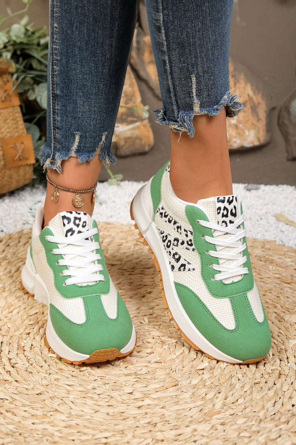 Green PU Leather Leopard Color Block Detail Lace Up Sporty Sneakers