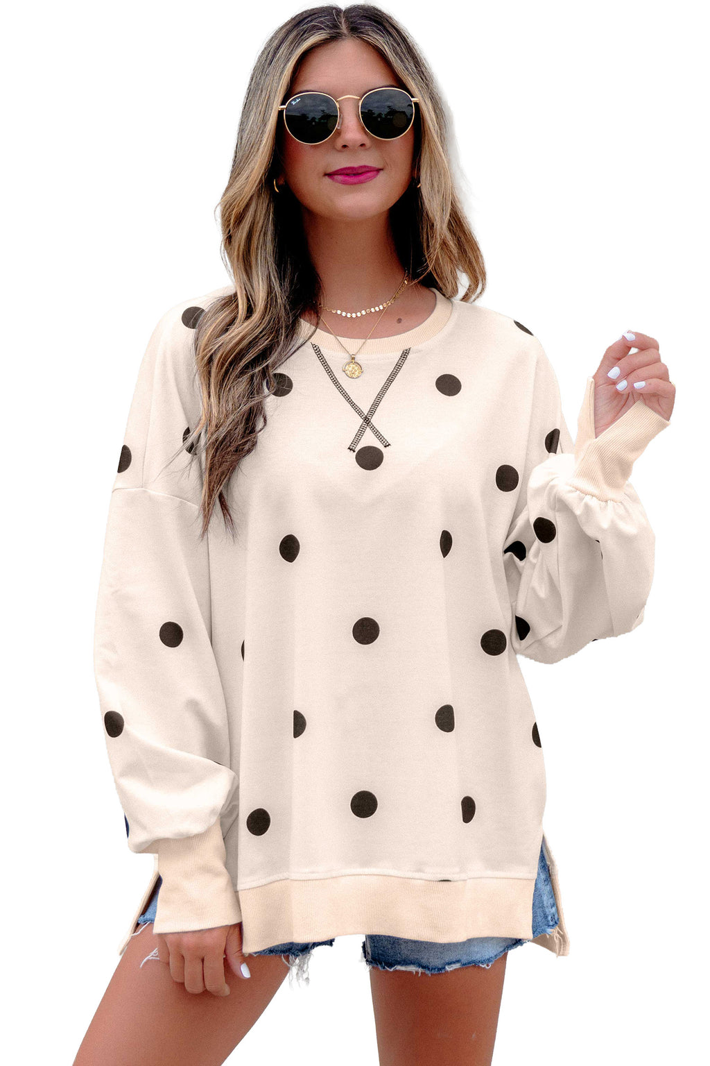 Beige Loose-fit Long Sleeve Round Neck Polka Dot Tunic Sweatshirt