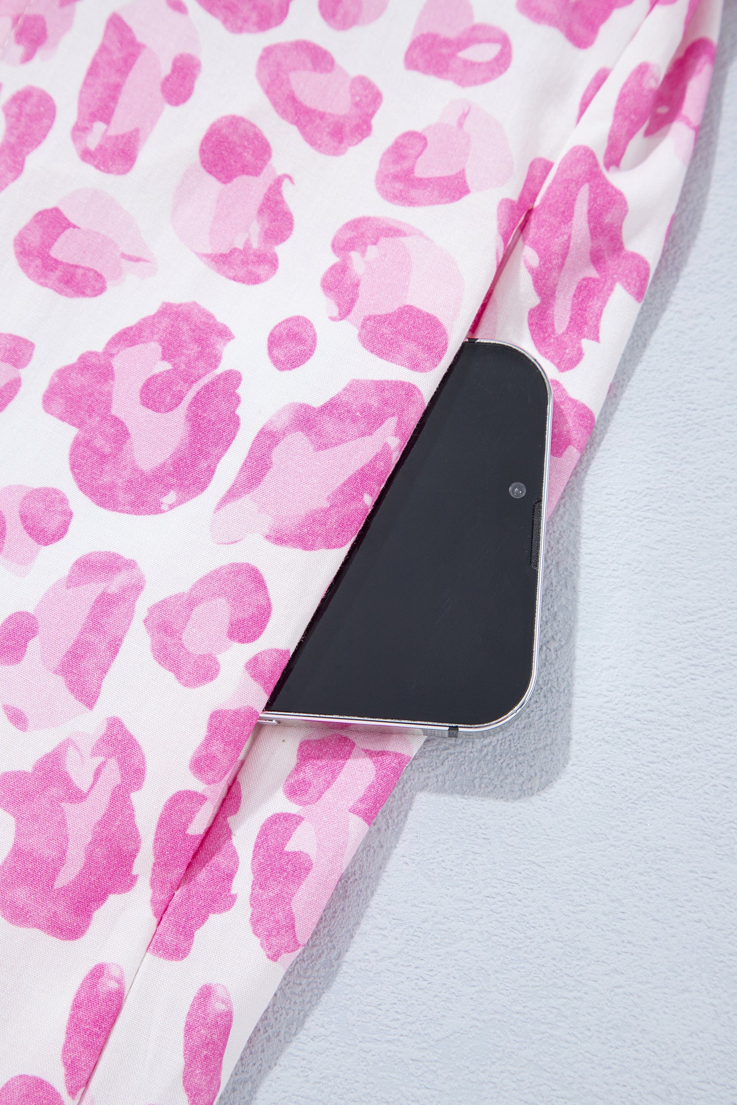 Pink Abstract Leopard Print Tie Waist Puff Sleeve Mini Shirt Dress