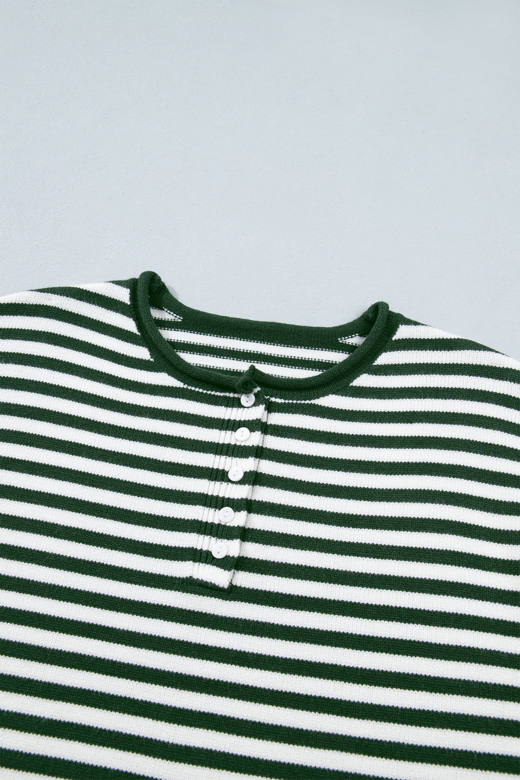 Green Stripe Striped Button Placket Drop Shoulder Long Sleeve Sweater