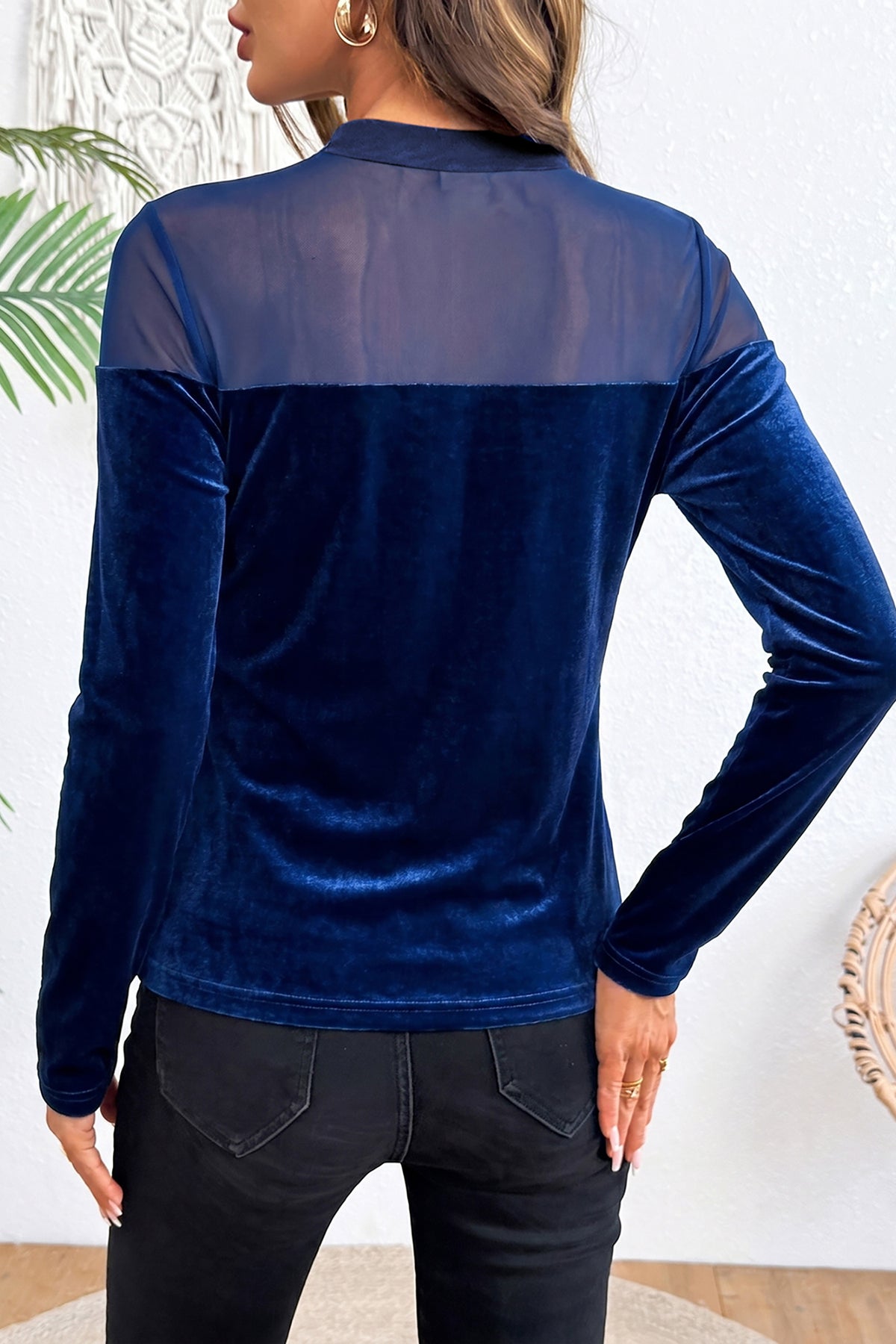 Navy Blue Velvet Long Sleeve Sheer Neck Patchwork Casual Pullover Top