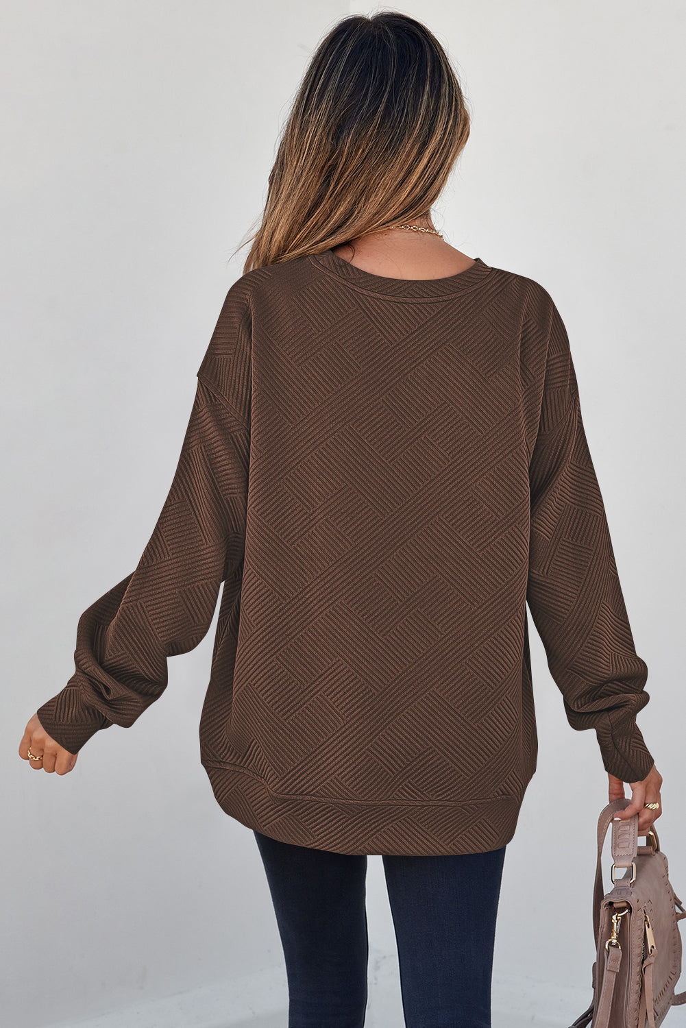 Jungle Green Solid Color Textured Round Neck Drop Shoulder Pullover Sweatshirt