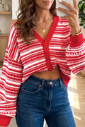 Red Geometric Striped Pattern V Neck Button Front Casual Knit Cardigan