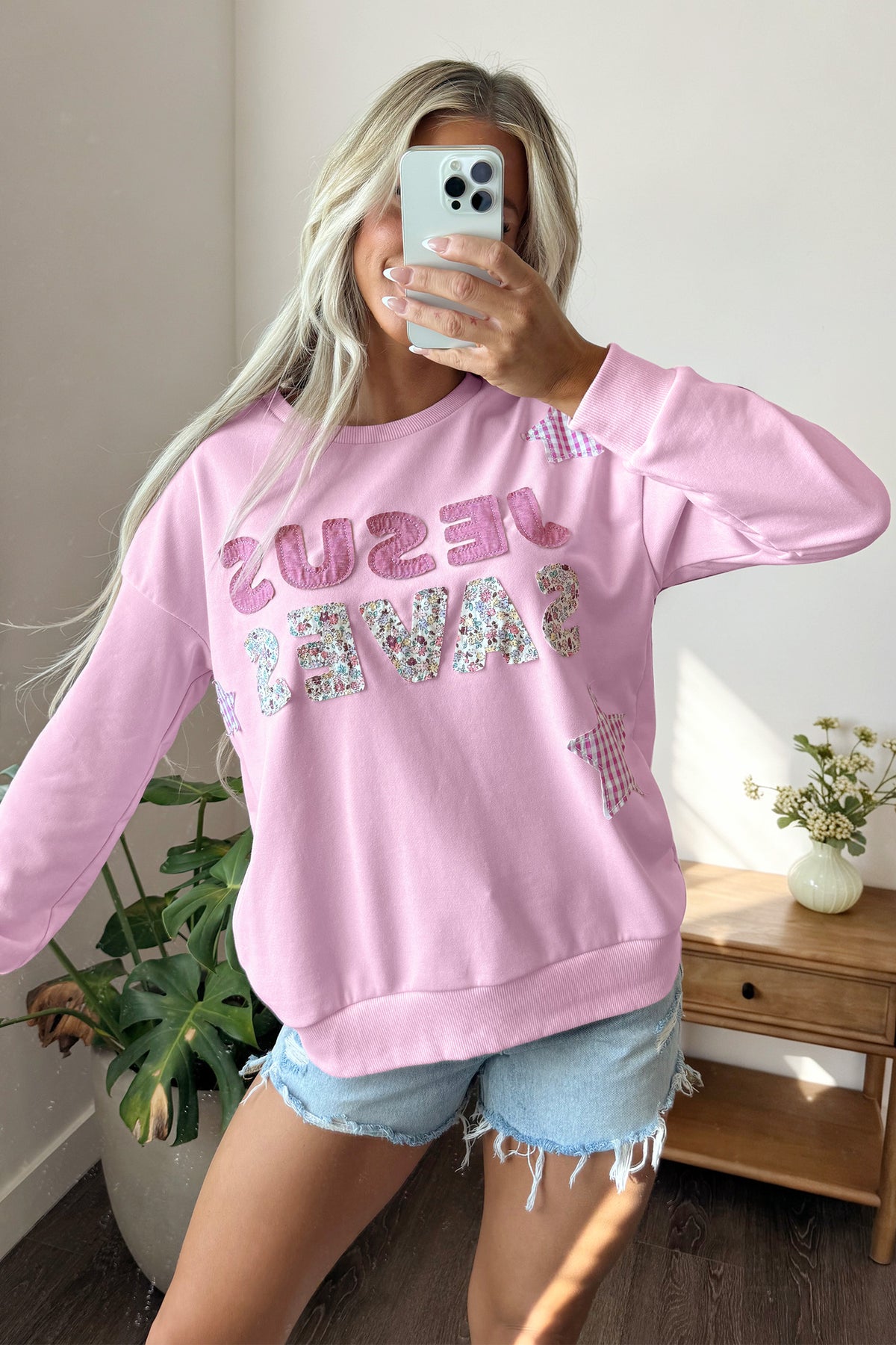 Pink Patchwork Stars Plaid Unique Floral Letters Baggy Sweatshirt