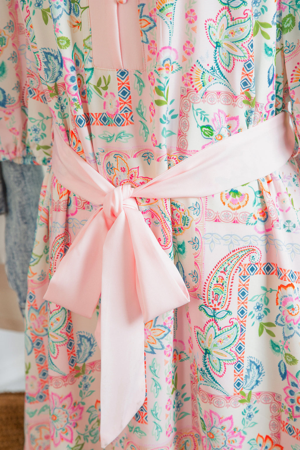 Pink Boho Floral Print Color Block Trim Half Button Belted Mini Dress