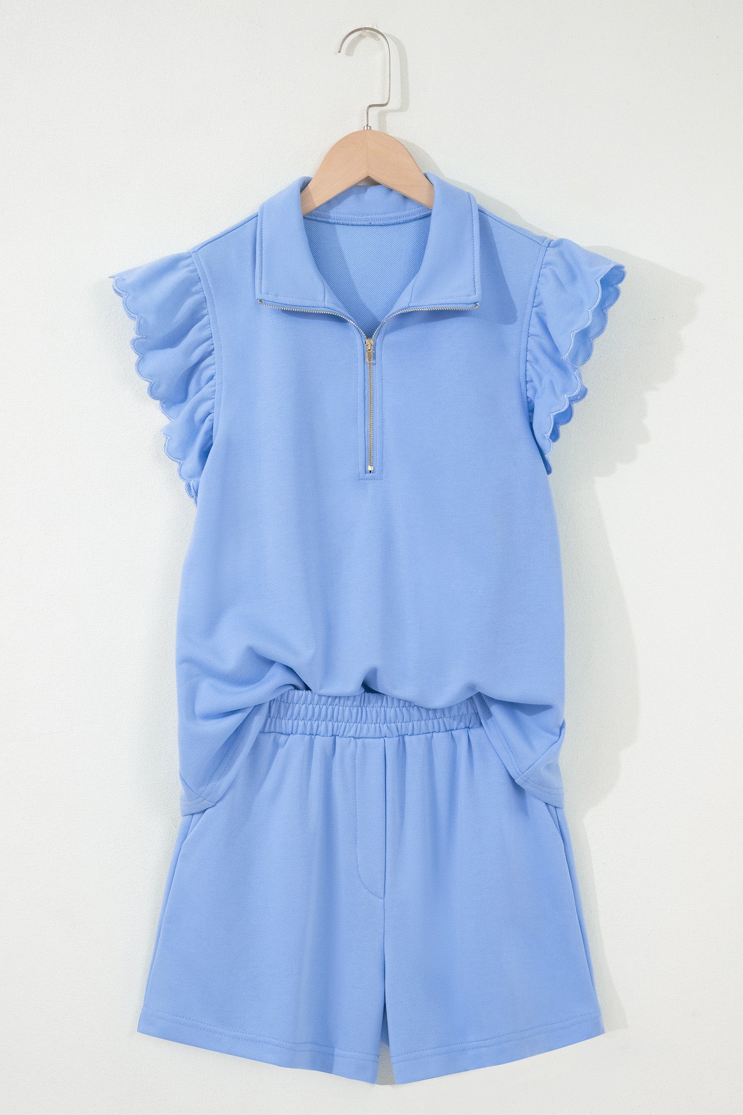 Sky Blue Half Zipped Ruffled Short Set