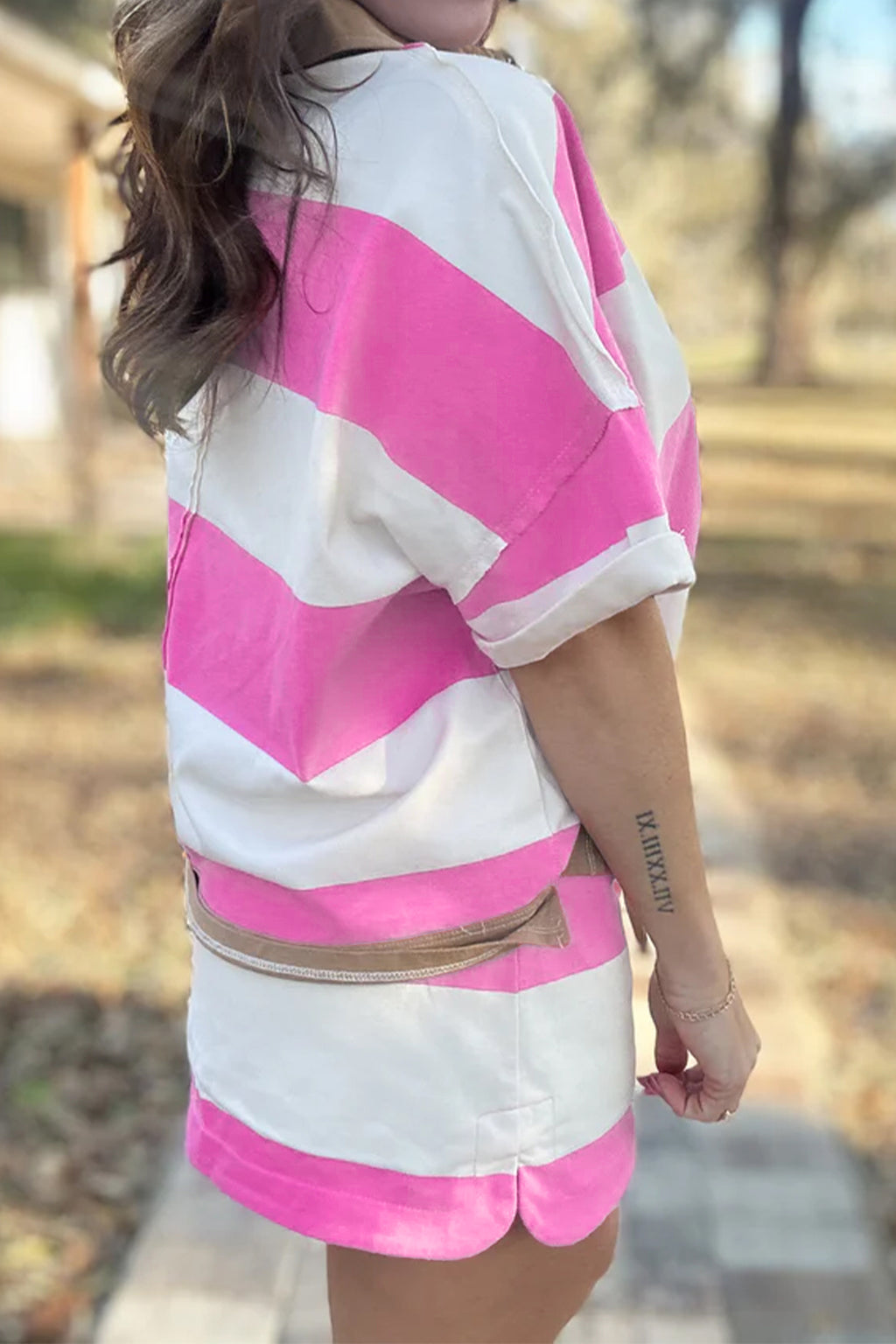 Rose Stripe Colorblock Trim Polo Tee Drawstring Mini Skirt 2pcs Set