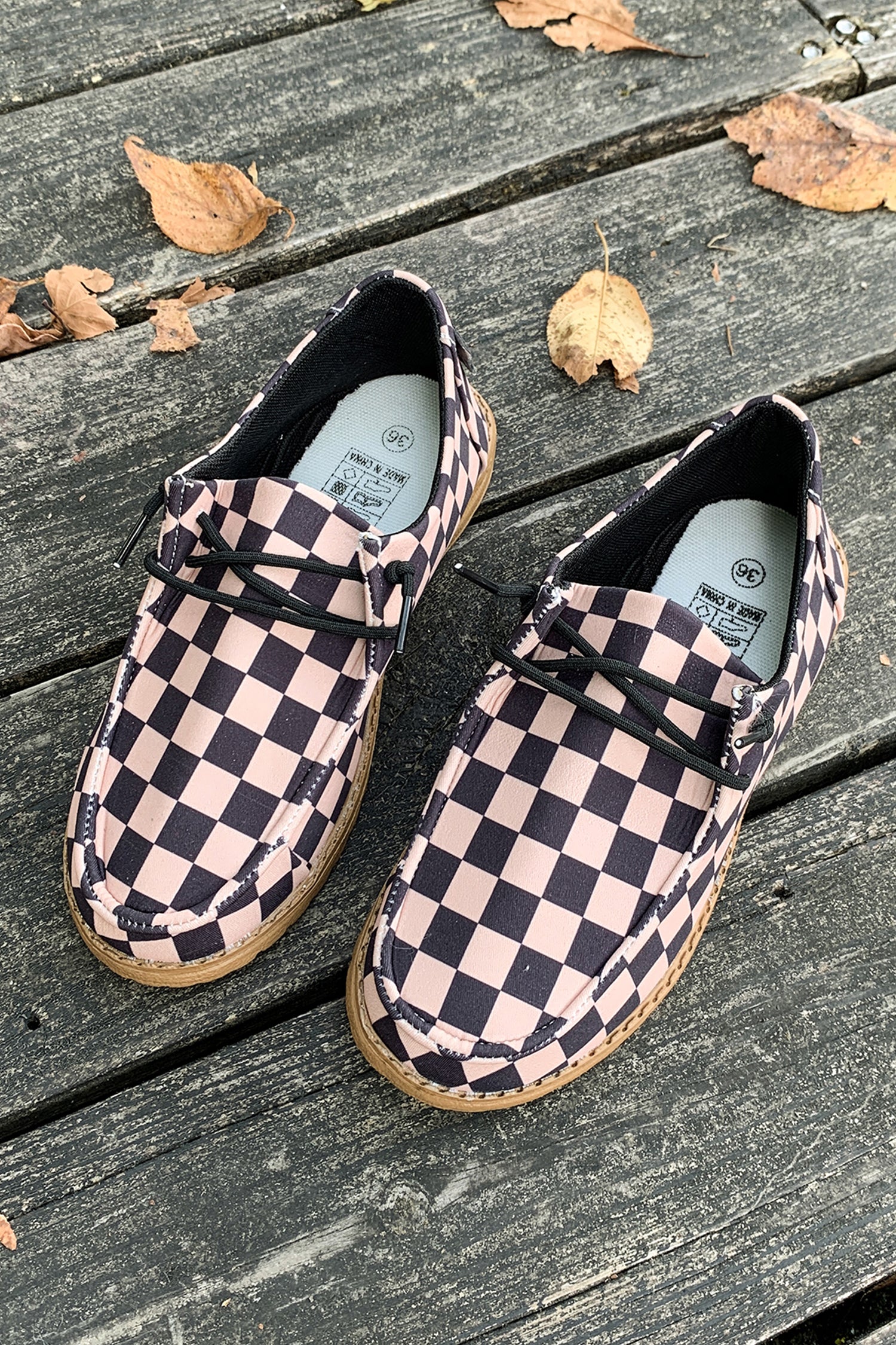 Dark Brown Checkered Print PU Leather Lace Up Detail Flat Shoes