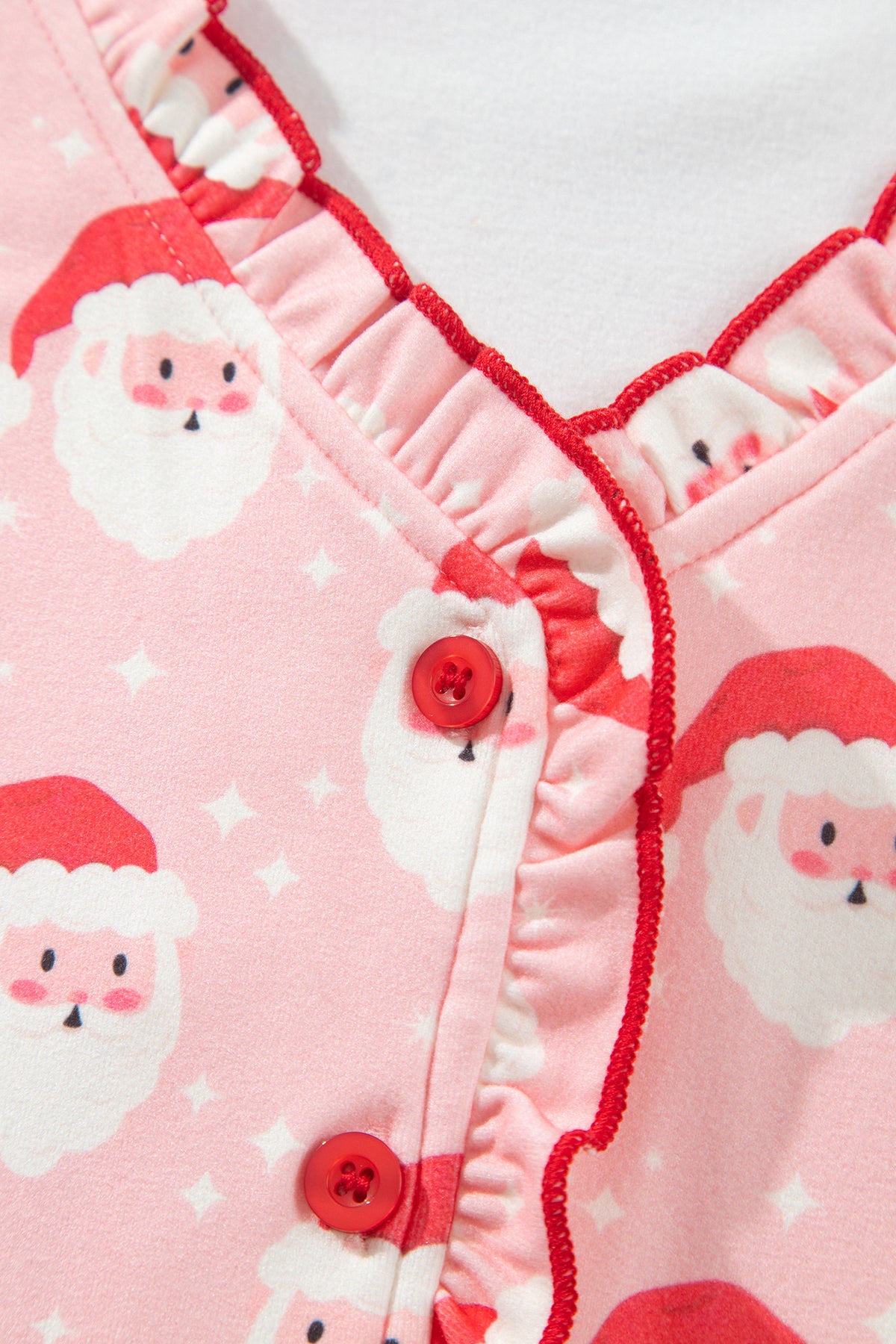 Pink Christmas Santa Print Frilled Button Front Long Sleeve Top Lounge Pant Set