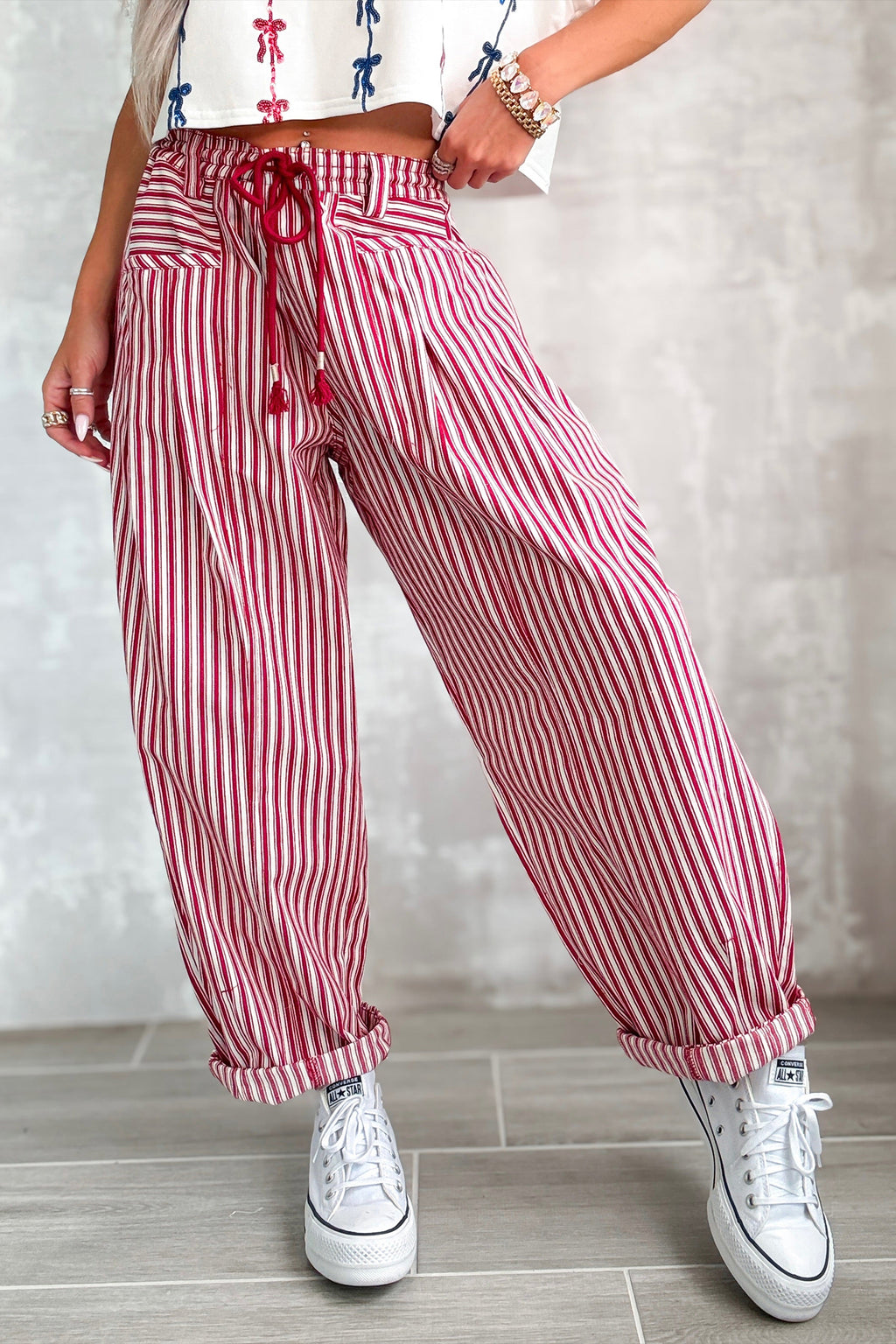 Red Stripe Drawstring Casual Loose Pants