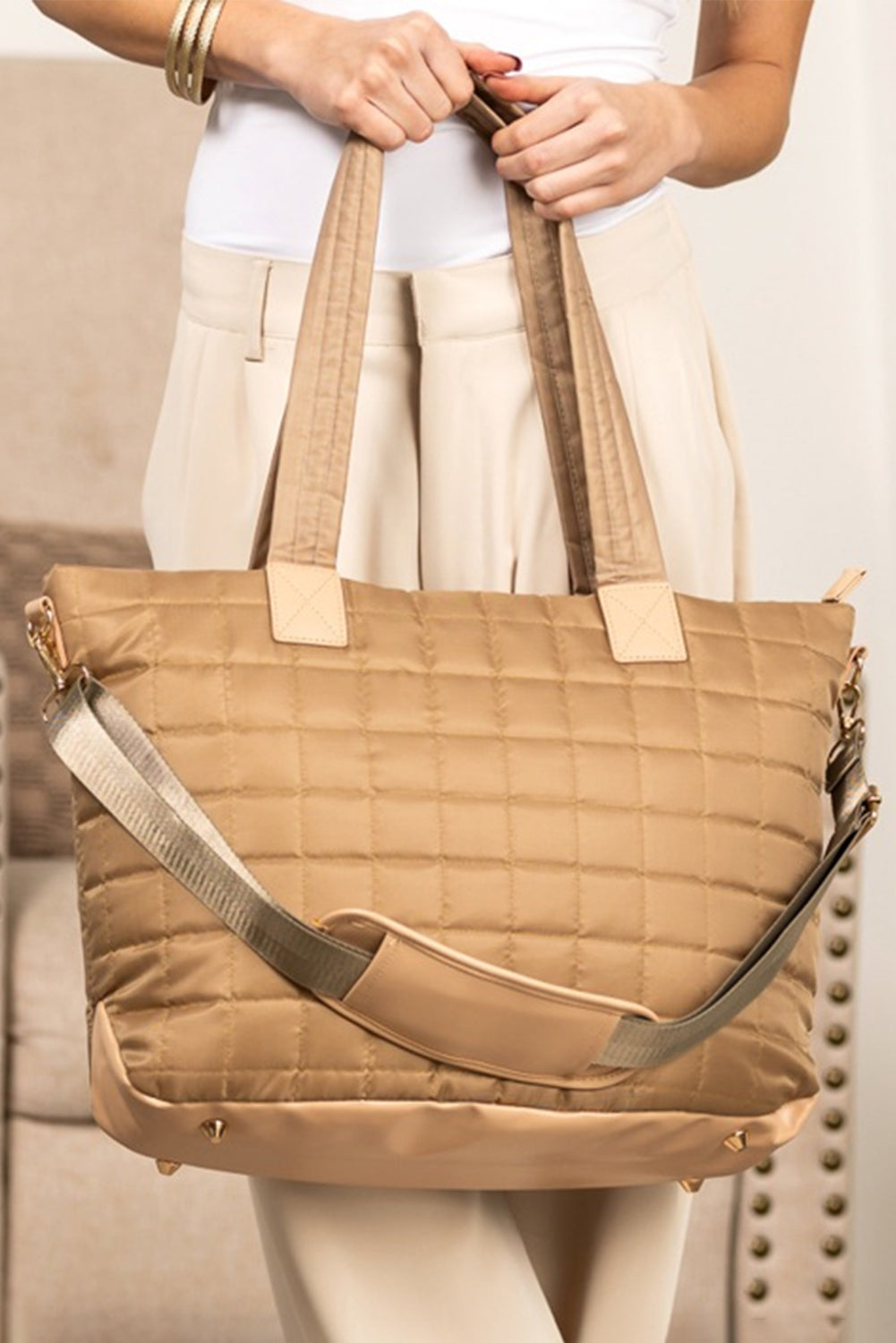 White Quilted Patchwork Large Tote Bag and Clutch 2pcs Set