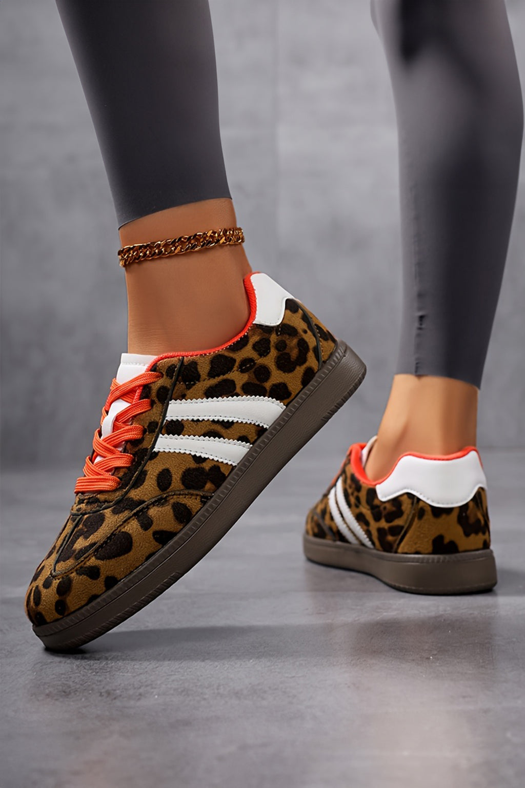 Coffee Leopard Faux Suede Color Block Detail Lace Up Sneakers