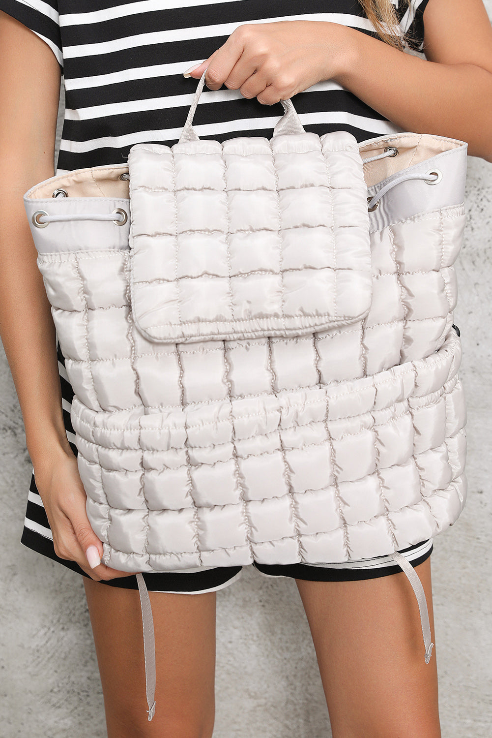 Black Solid Flapped Quilted Puffer Backpack