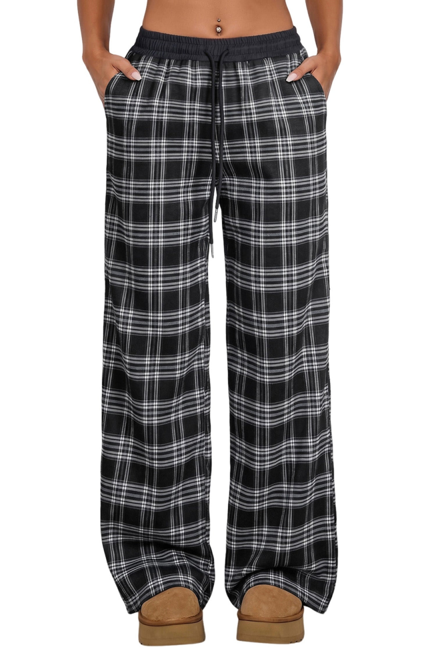 Black Frenchy Plaid Pattern Contrast Drawstring Waist Wide Leg Pants