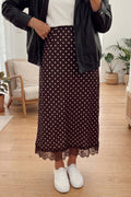 Brown Polka Dot Lace Hem Elegant Long Shift Skirt