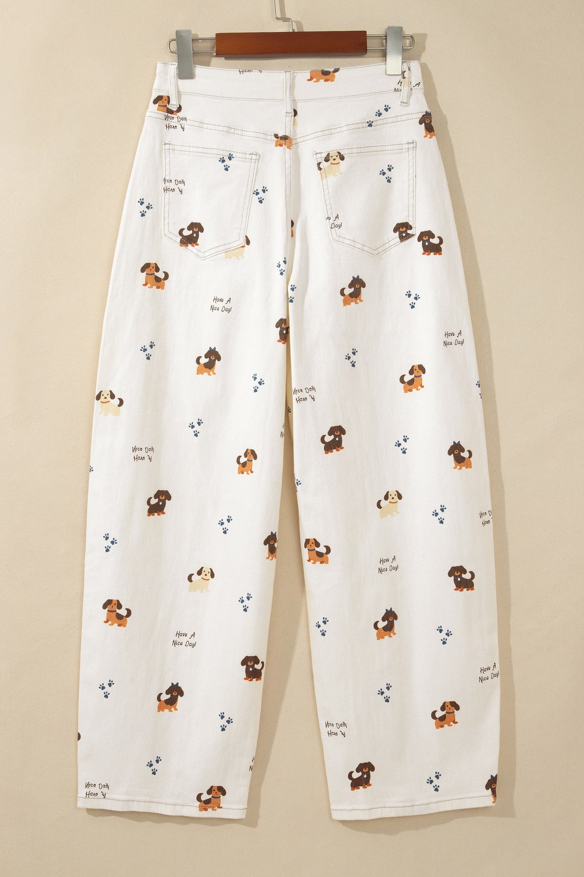 White Abstract Dog Print Wide Leg Full-Length Jeans