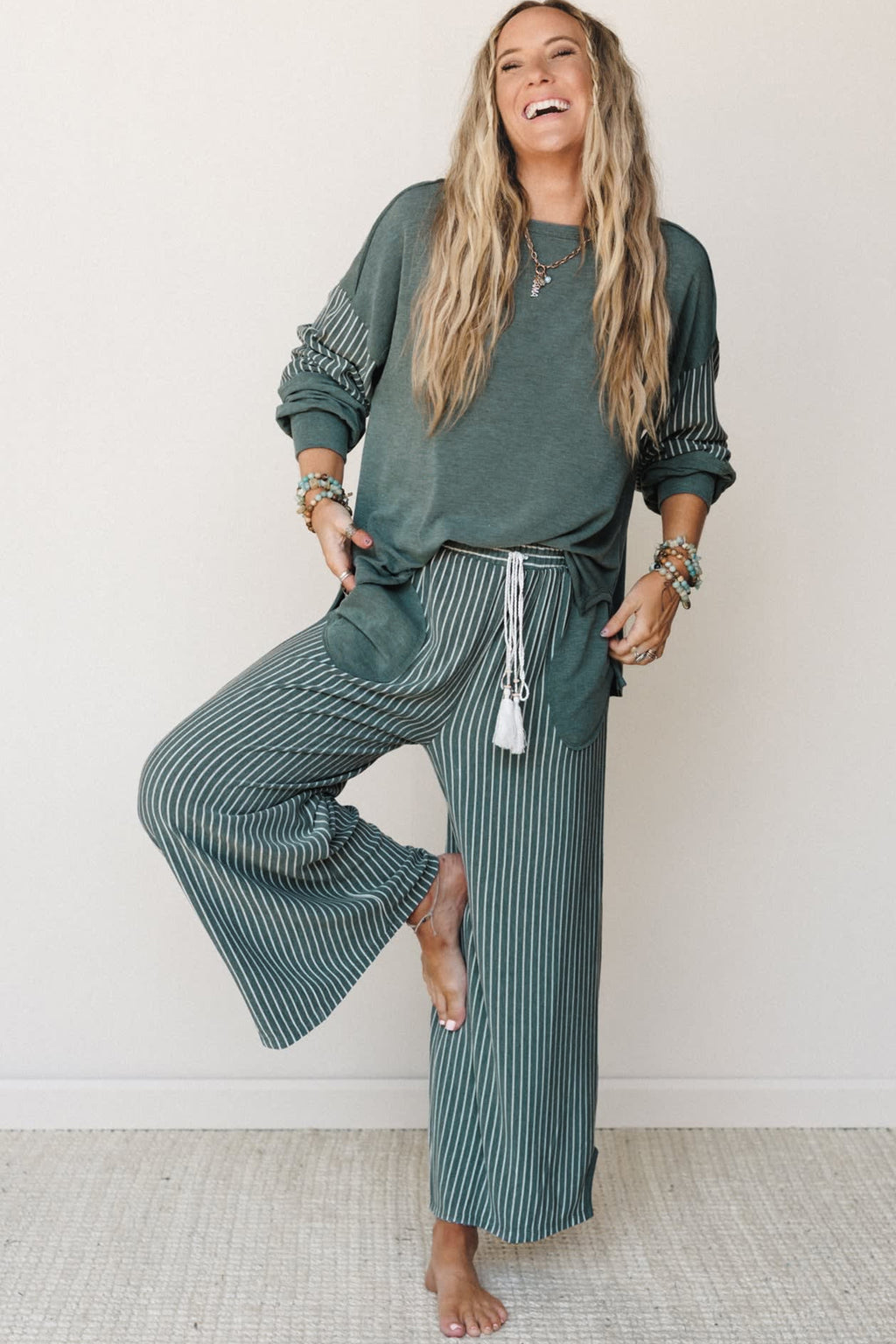 Green Bay Raw Seam Patchwork Long Sleeve Top Pocket Casual Pants 2pcs Set