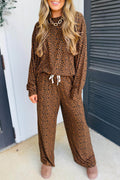 Brown Leopard Print Long Sleeve Top Relaxed Pant Set