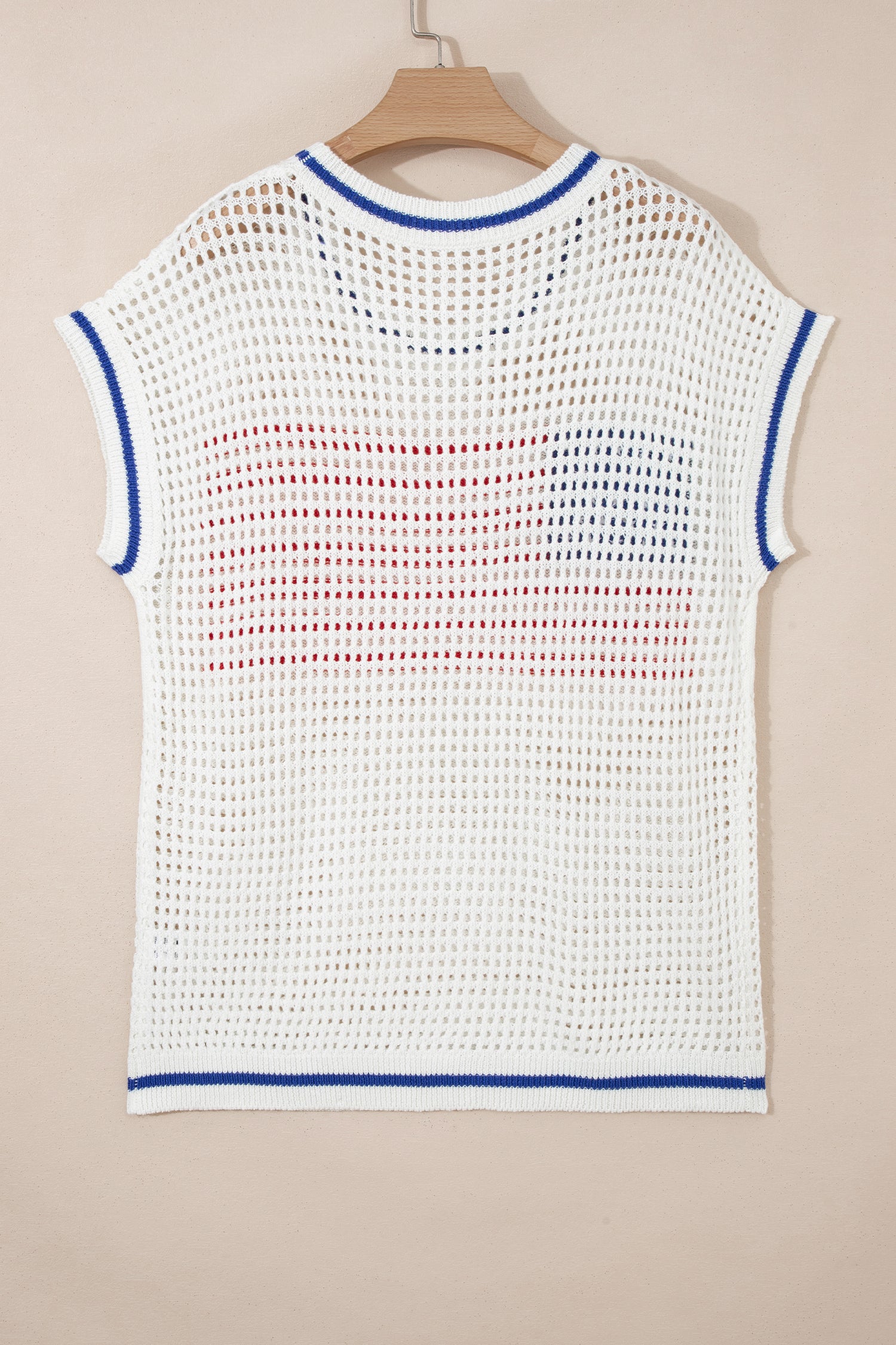 White USA Flag Eyelet Knitted Cap Sleeve Sweater Top