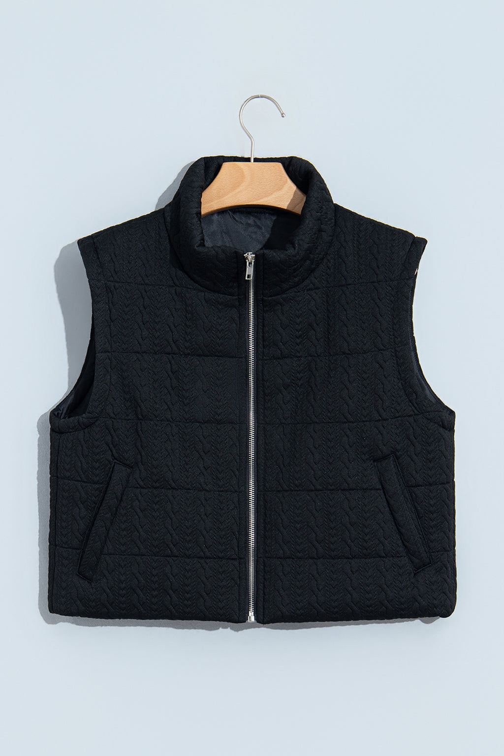 Black Textured Quilted Stand Neck Zipper Winter Vest